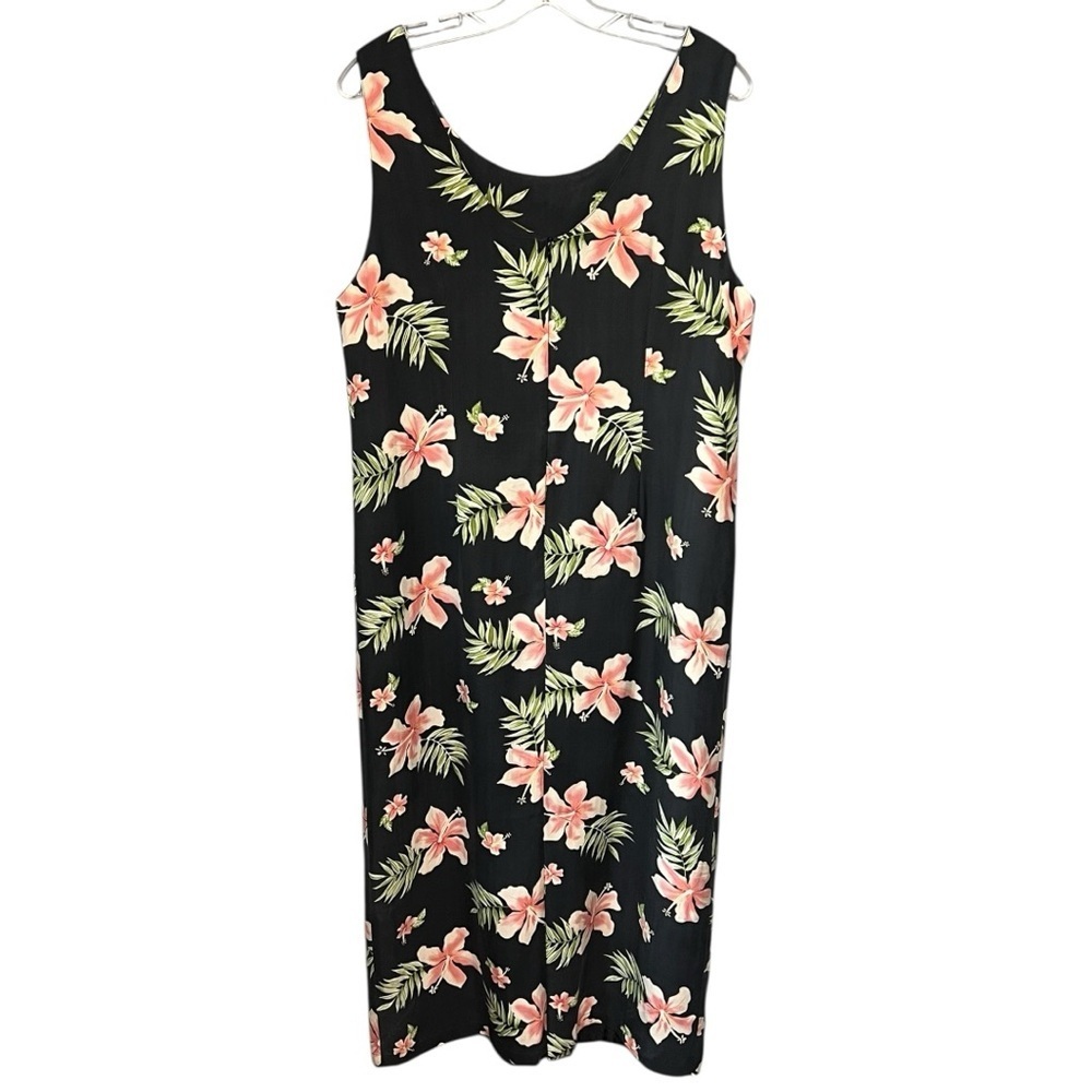 Pineapple Moon Tropical Hibiscus Silk Maxi Dress Black Luau Floral Women’s XL